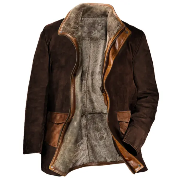 Men's Vintage Suede Blazer Lapel Faux Sherpa Midi Jacket - Cotosen.com