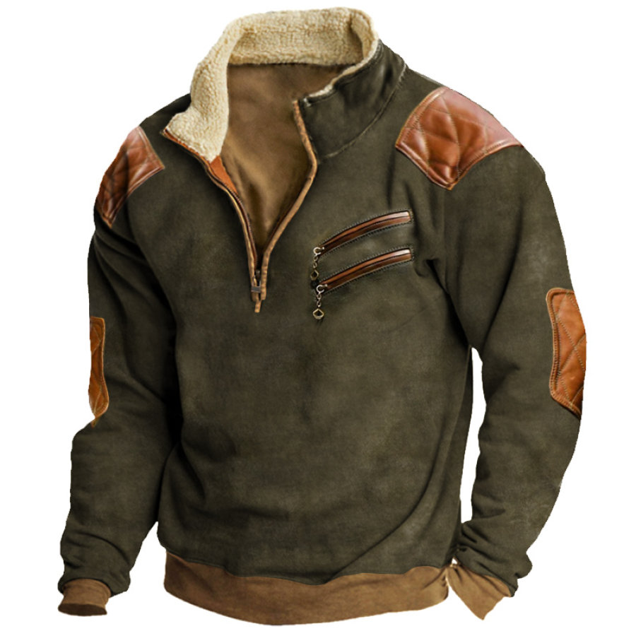 

Men's Vintage Fleece Half Open Collar Sweatshirt Vintage Leather Color Block Zippered Pockets