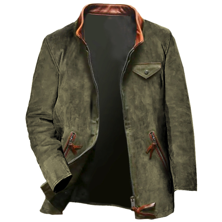 

Chaqueta Midi Táctica Con Solapa De Cuero Tipo Blazer De Ante Vintage Para Hombre