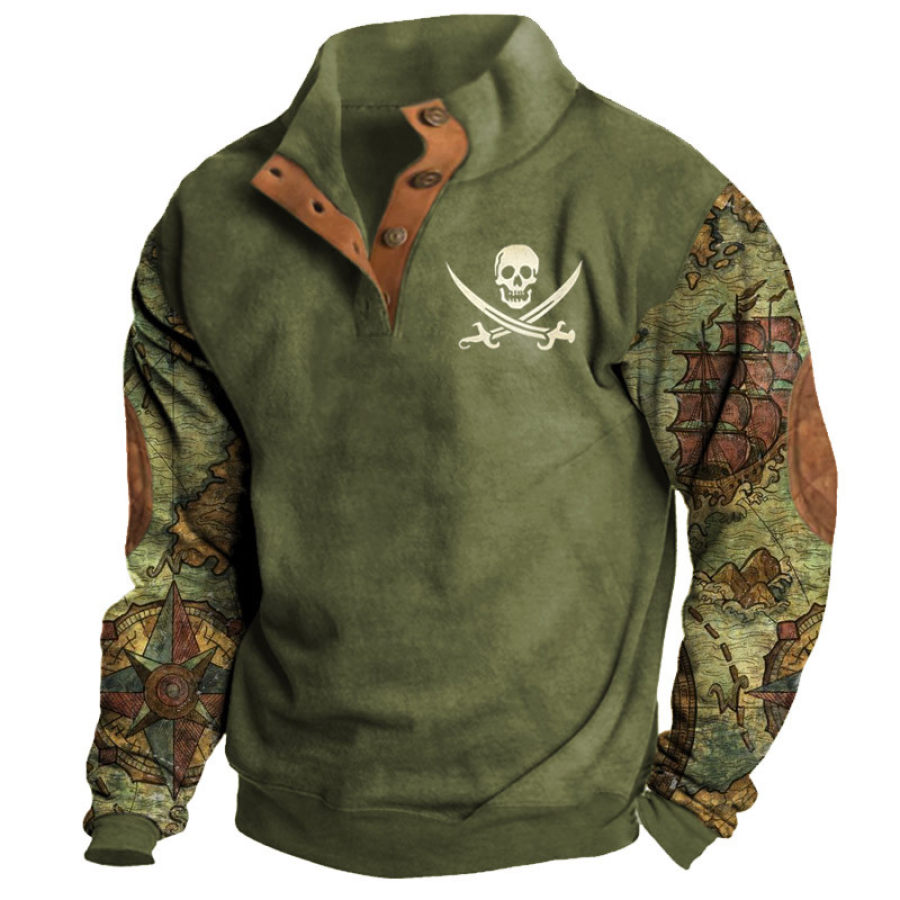 

Sudadera Con Cuello Semiabierto Para Hombre Con Estampado De Mapas Náuticos Vintage Y Bloques De Color