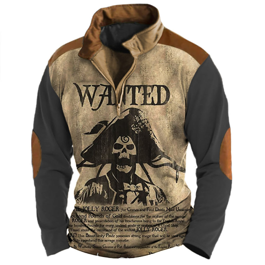 

Herren-Langarm-T-Shirt Mit Vintage-Piraten-Totenkopf-Reißverschluss Stehkragen Und Farbblock