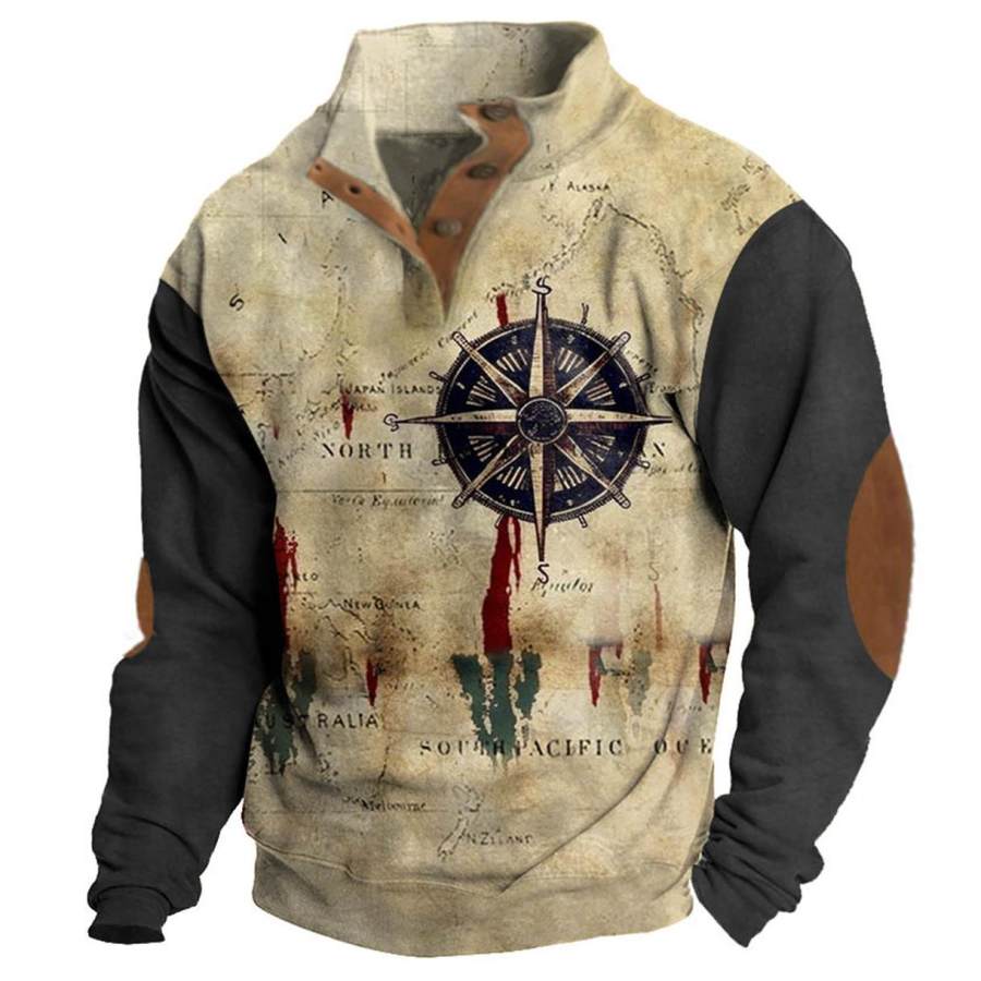 

Sudadera Para Hombre Vintage Mapa Náutico Brújula Botones Cuello Alto Tops Diarios