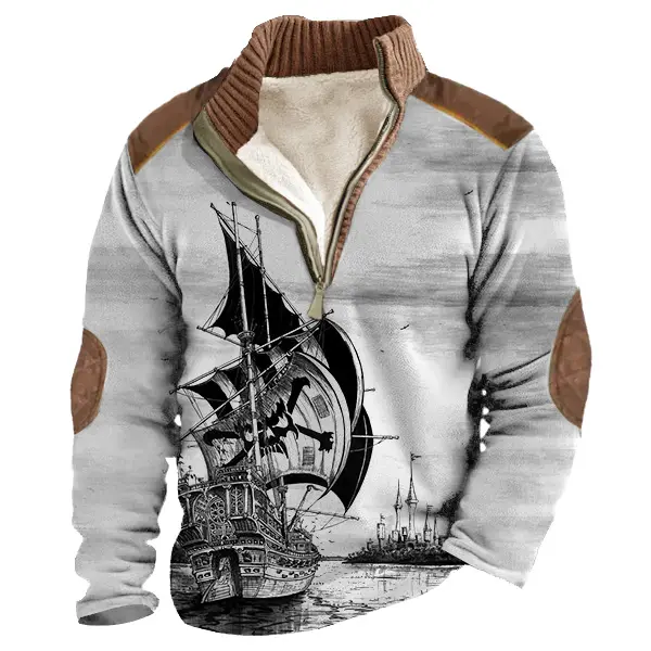 Men's Sweatshirt Vintage Pirate Ship Skull Fleece Zipper Contrast Color Daily Tops - Cotosen.com