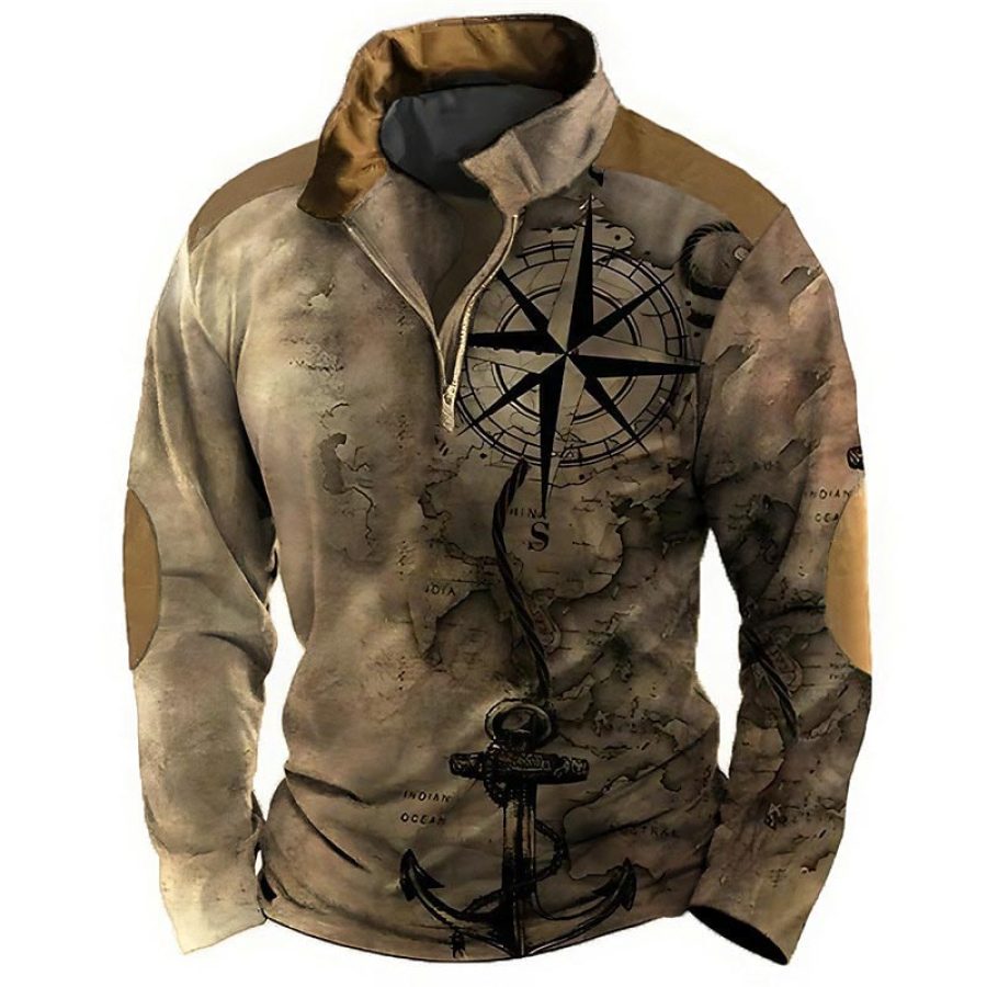 

Men's Vintage Nautical Map Compass Anchor Zip Stand Collar Long Sleeve T-Shirt