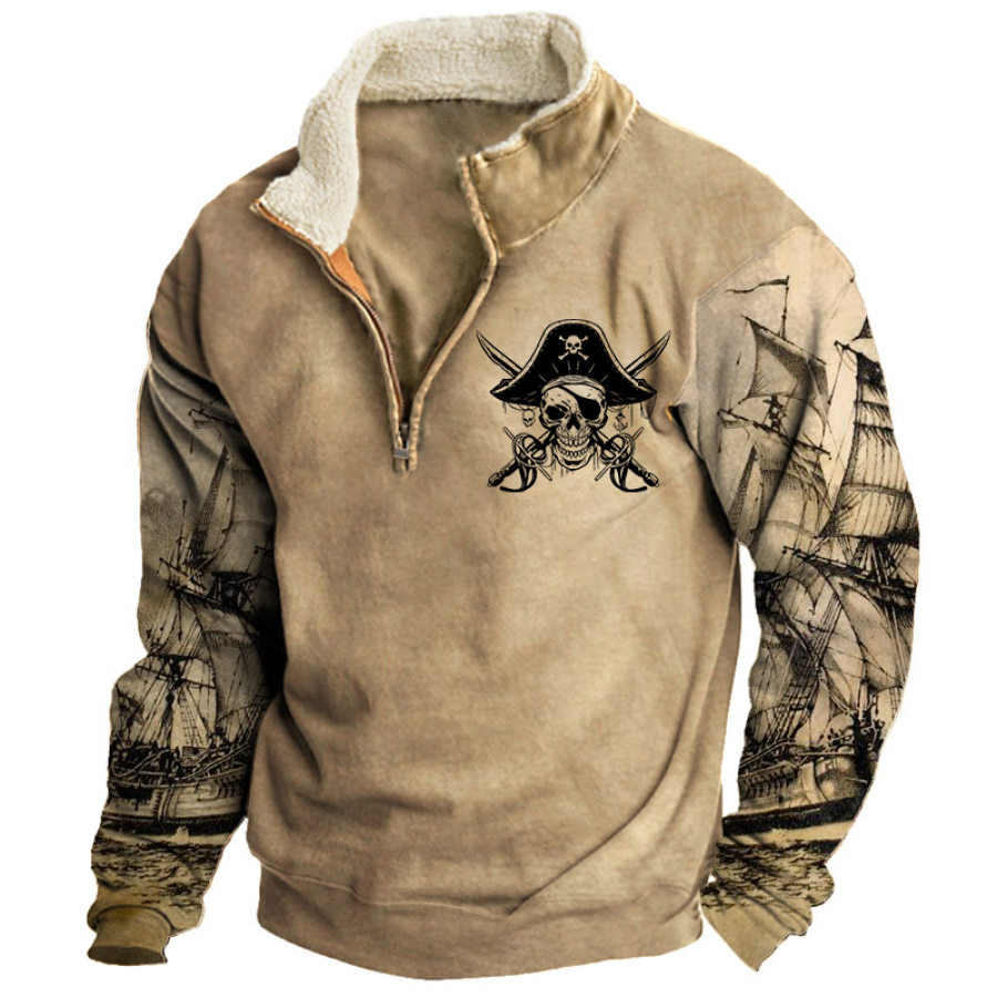

Men's Sweatshirt Vintage Pirate Ship Skull Plush Collar Quarter Zip Daily Tops