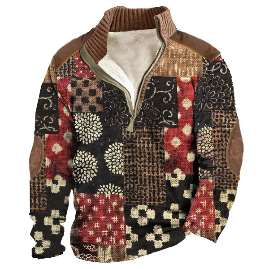 

Boro Patchwork Print Designer Retro Hombre Casual Al Aire Libre 1/4 Henly Zip Fleece Top