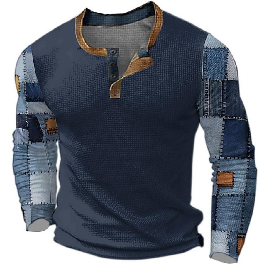 

Camiseta Henley 3D Con Estampado De Diseño De Telas Combinadas A Cuadros Retro Vintage Informal Para Hombre Camiseta Tipo Gofre Top Deportivo De Manga Larga Para Exteriores