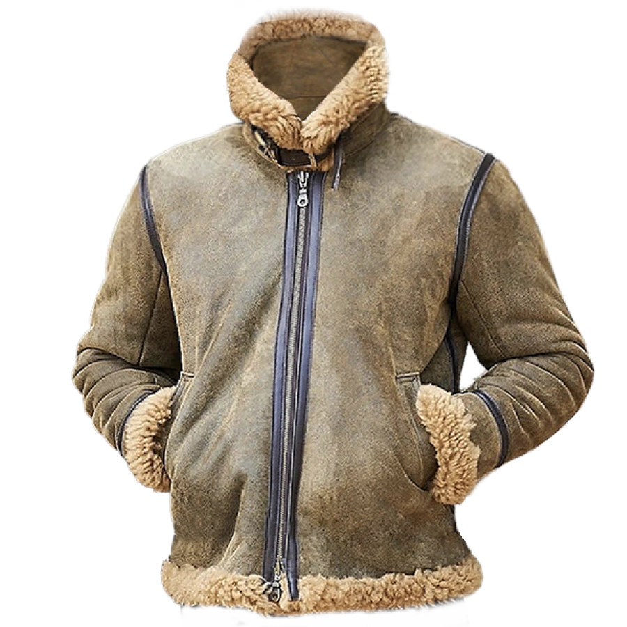 

Men Vintage Distressed Leather Bomber Suede Jacket Rayal Sheepskin Flying Aviator Jacket