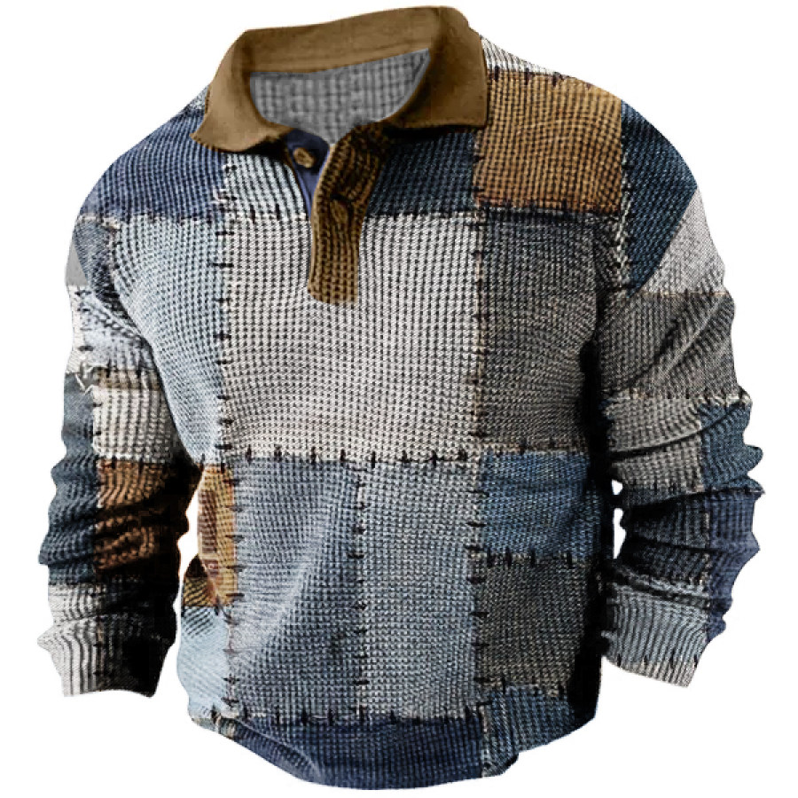 

Polo Pour Hommes T-Shirt Vintage Colorblock Plaid Rayé Extérieur Haut à Manches Longues