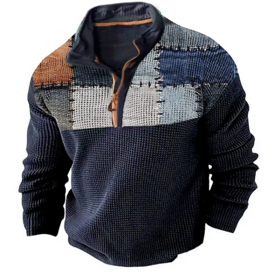 

Мужская футболка на молнии 1/4 винтажный клетчатый полосатый топ с длинными рукавами и цветными блоками на открытом воздухе