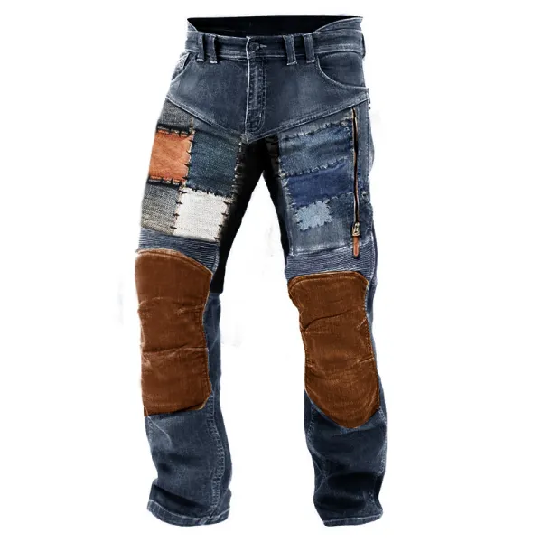 Men's Pants Patchwork Print Outdoor Vintage Washed 3D Print Color Block Festival Holiday Vacation Washed Zippered Pocke - Cotosen.com