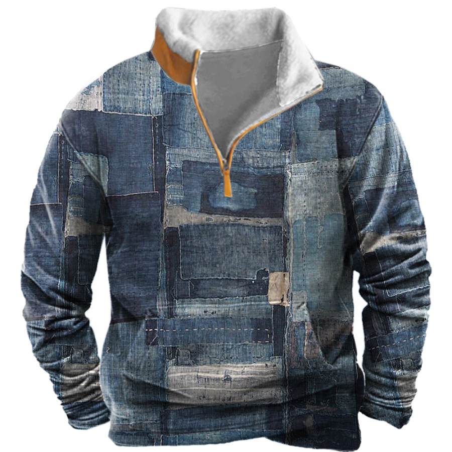 

Sweat-shirt à Revers En Polaire Avec Fermeture éclair Et Imprimé Denim Vintage Pour Hommes