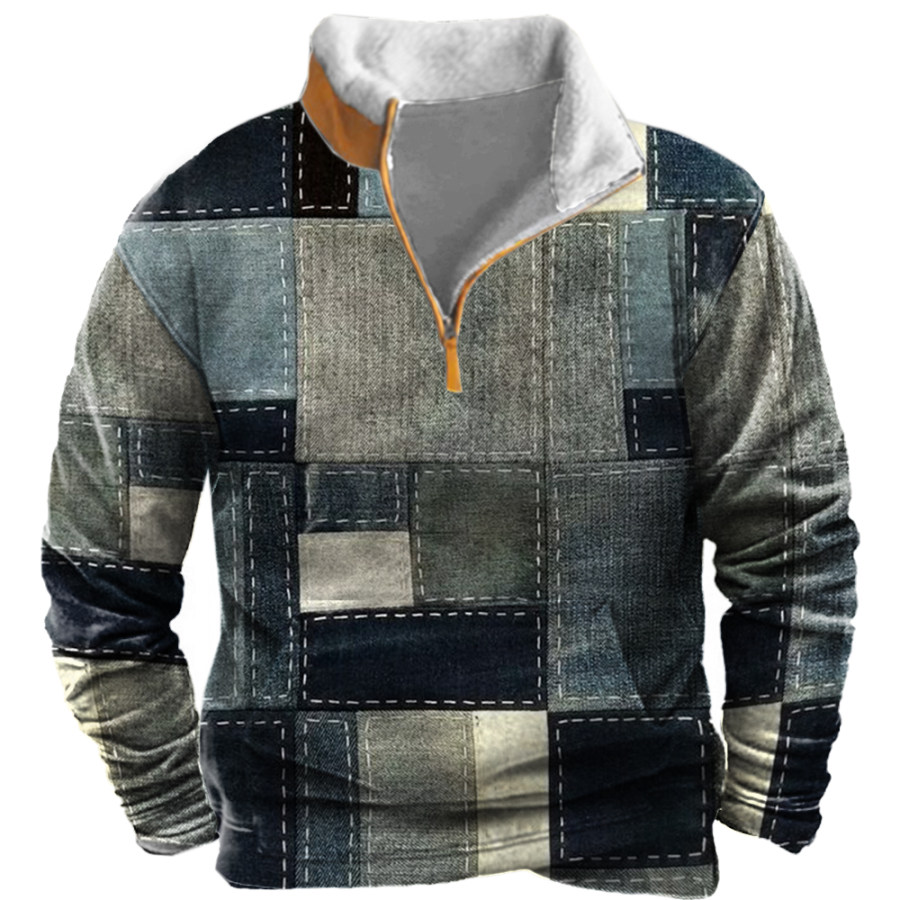 

Sweat-shirt à Revers En Polaire Avec Fermeture éclair Et Imprimé Denim Vintage Pour Hommes