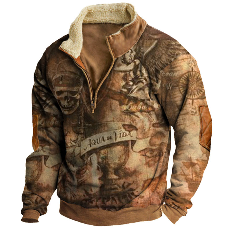 

Men's Fleece Split Collar Sweatshirt Retro Nautical Pirate Print