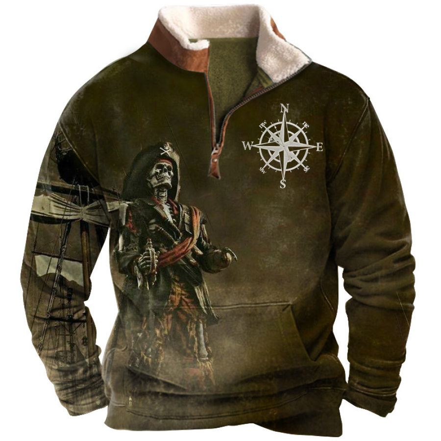 

Sudadera De Forro Polar Con Cuello Medio Abierto Para Hombre Con Estampado De Calavera Pirata Retro