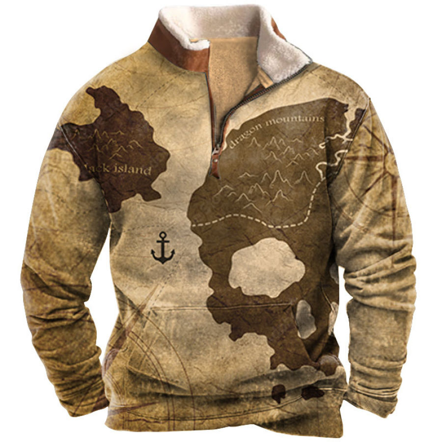 

Men's Fleece Half Open Collar Sweatshirt Vintage Nautical Map Skull Print