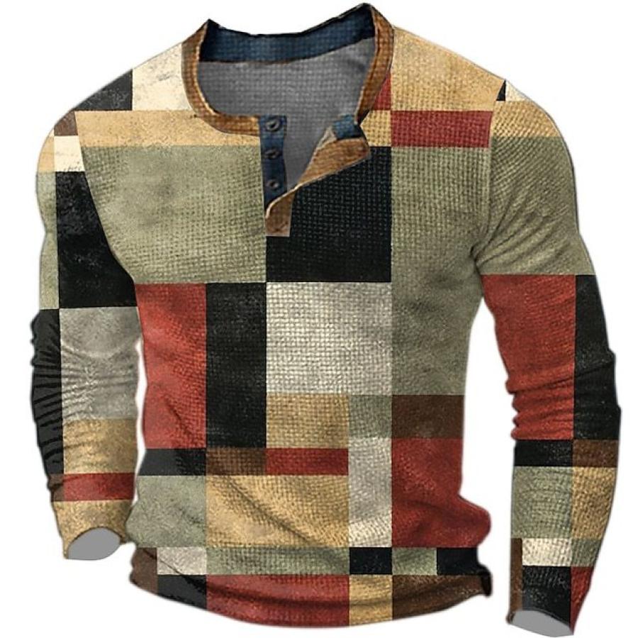 

T-shirt Henley Pour Hommes Vintage Impression 3D Bloc De Couleurs Festival Vacances En Plein Air Hauts à Manches Longues