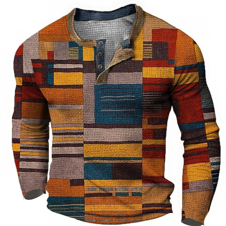 

T-shirt Henley Pour Hommes Vintage Impression 3D Bloc De Couleurs Festival Vacances En Plein Air Hauts à Manches Longues