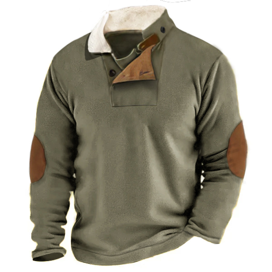 

Herren-Fleece-Sweatshirt Mit Schal-Stehkragen Outdoor-Ständer Vintage-Kontrast-Wildledereinsätze Dickes Taktisches Oberteil