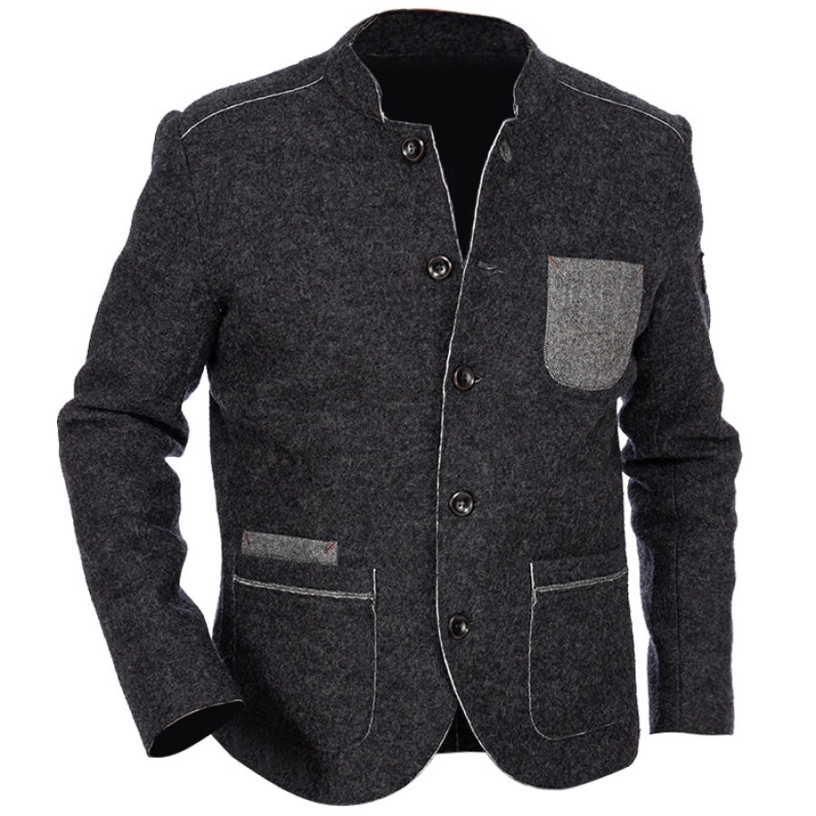 

Men's Retro Woolen Blazer Casual Color Block Pocket Jacket