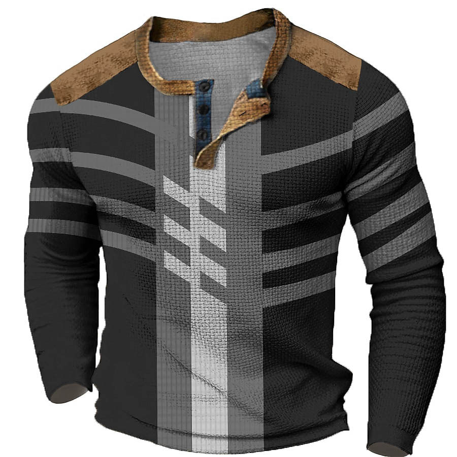 

T-shirt Henley Pour Hommes Vintage Impression 3D Bloc De Couleurs Festival Vacances En Plein Air Hauts à Manches Longues