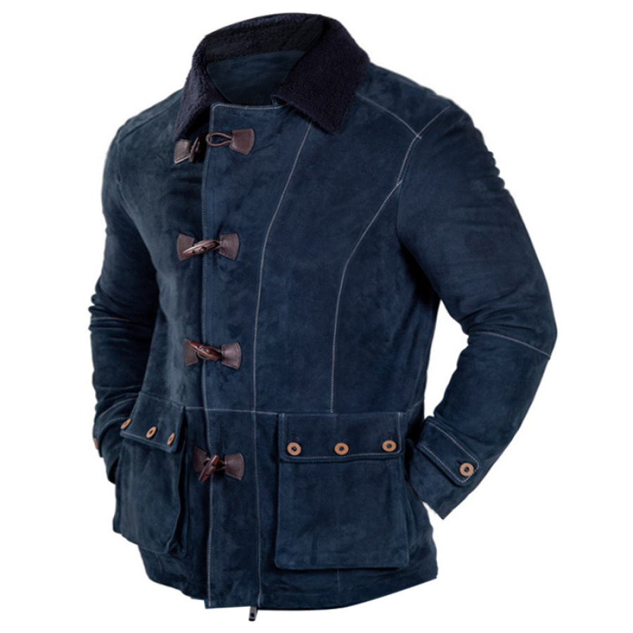 

Мужская замшевая куртка уличное флисовое пальто с лацканами в стиле ретро контрастного цвета с роговыми пуговицами декоративная линия дизайн теплый топ