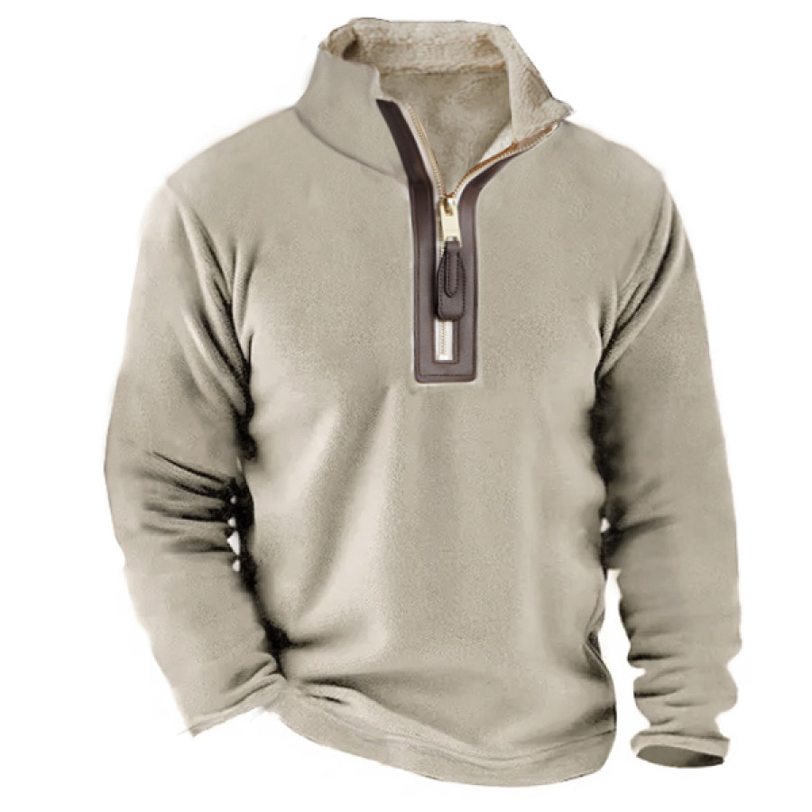 

Sudadera De Lana Con Cuello De Embudo Y Media Cremallera Para Hombre Top Táctico Grueso Con Cuello Levantado De Cuero En Contraste Para Exteriores