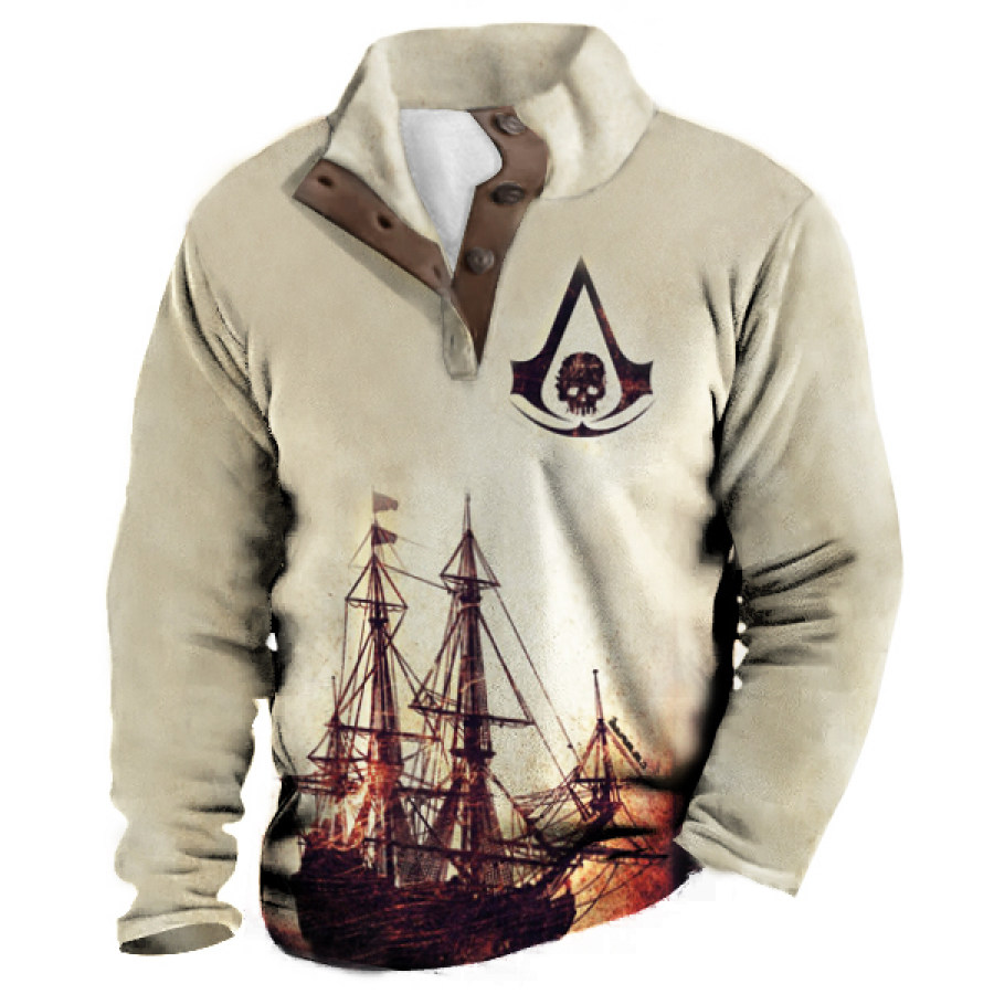 

Henley-Fleece-Sweatshirt Für Herren Assassin's Creed Piratenschiff-Druck Verdicktes Stehkragen-Oberteil