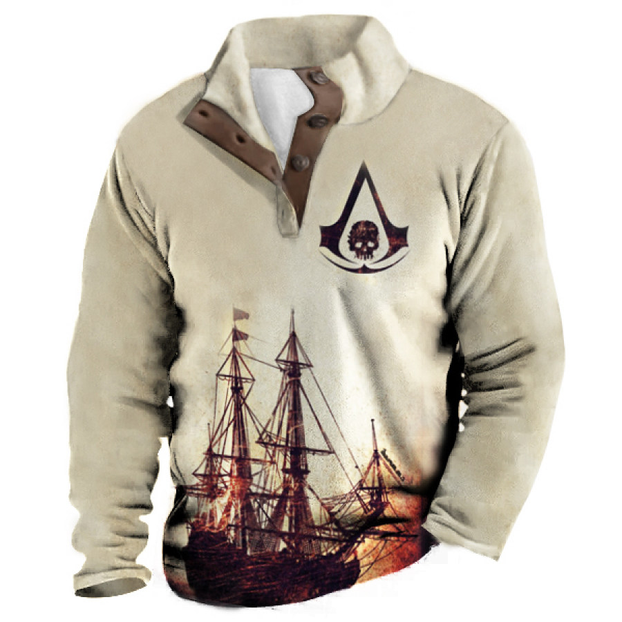 

Men's Henley Fleece Sweatshirt Assassin's Creed Pirate Ship Print Thickened Stand Collar Top