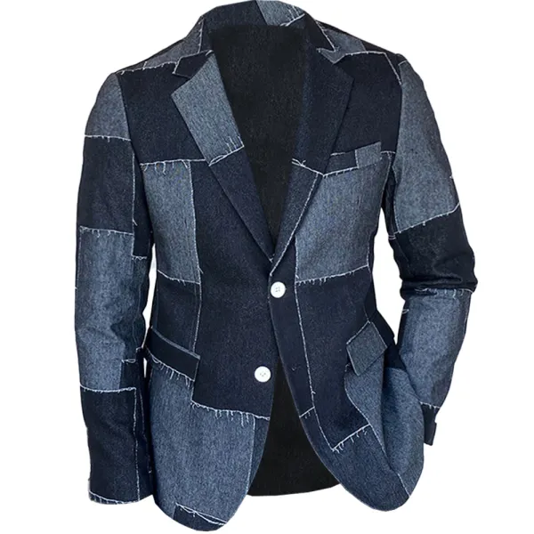 Plus Size Men Vintage Retro Lapel Blazer Denim Patchwork Printed Lapel Midi Jacket - Cotosen.com