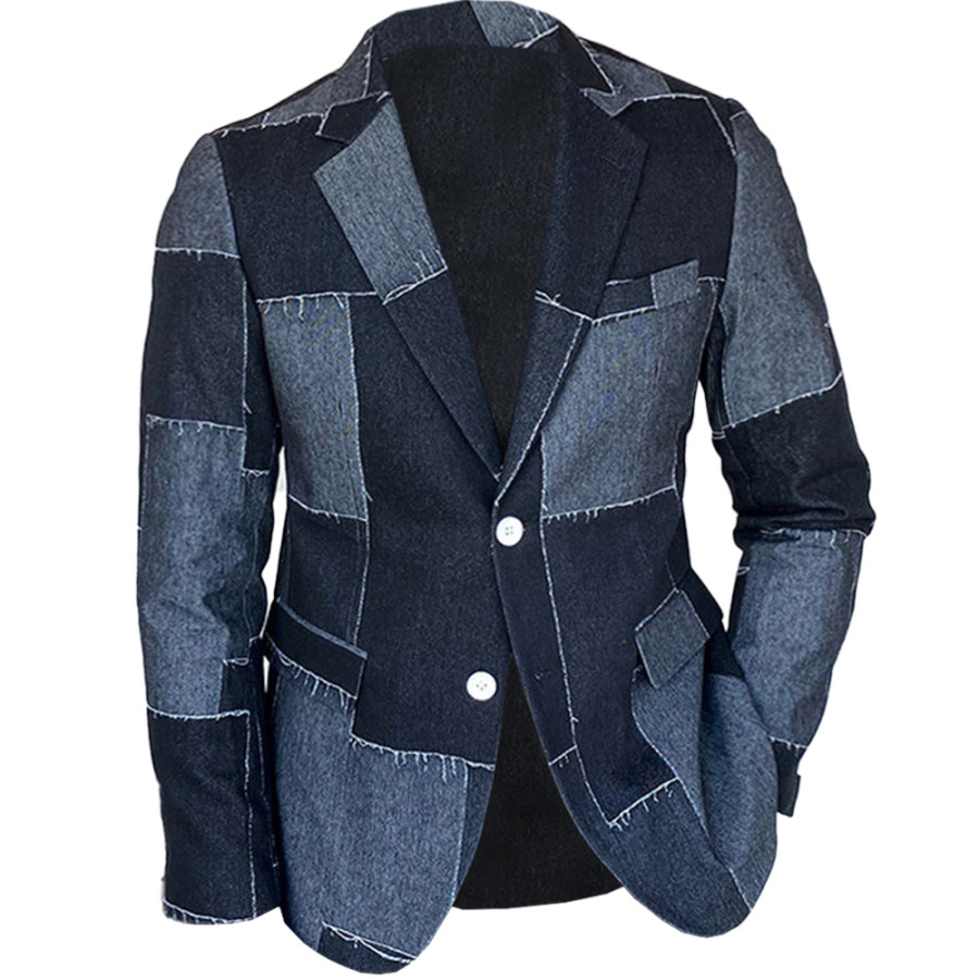 

Plus Size Herren Vintage Retro Revers Blazer Denim Patchwork Bedruckte Revers Midi Jacke