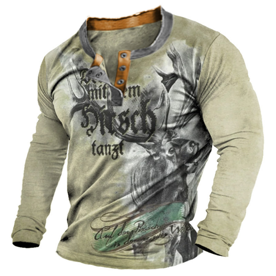 

Men's Vintage Elks Festival Color Block Henley Long Sleeve T-Shirt