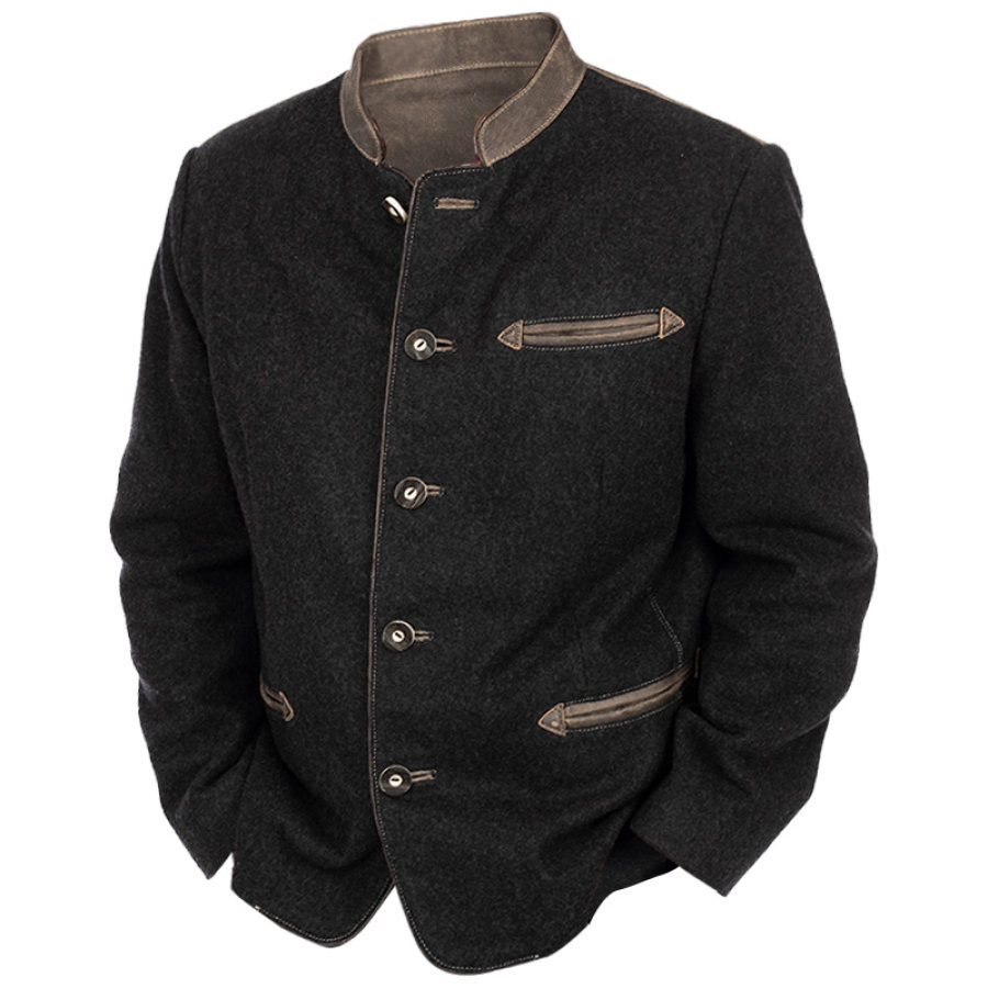 

Мужской винтажный шерстяной пиджак повседневная кожаная куртка с карманами и цветными блоками