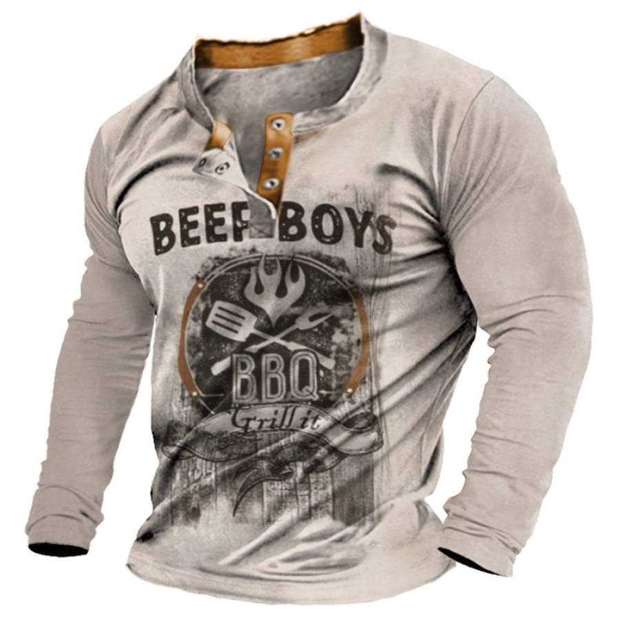 

Herren-Langarm-T-Shirt Im Retro-BBQ-Festival-Farbblock-Stil Mit Henley-Motiv