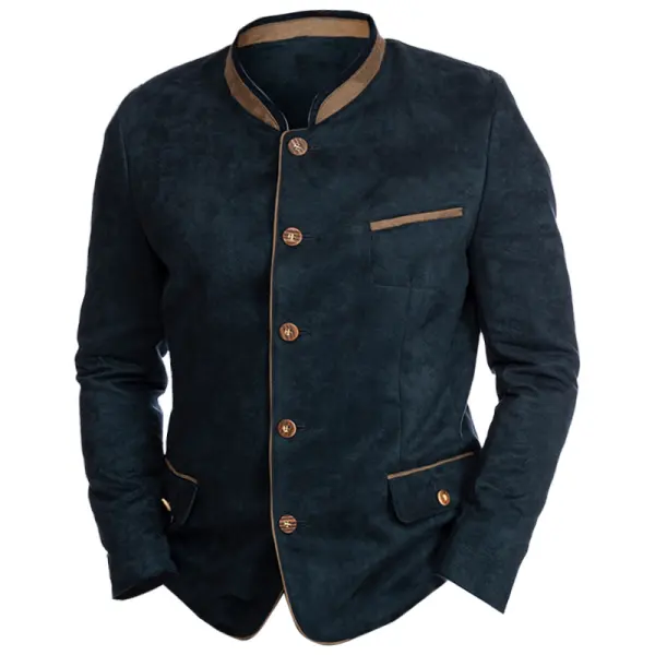 Men's Vintage Suede Blazer Casual Colorblock Pocket Jacket - Cotosen.com