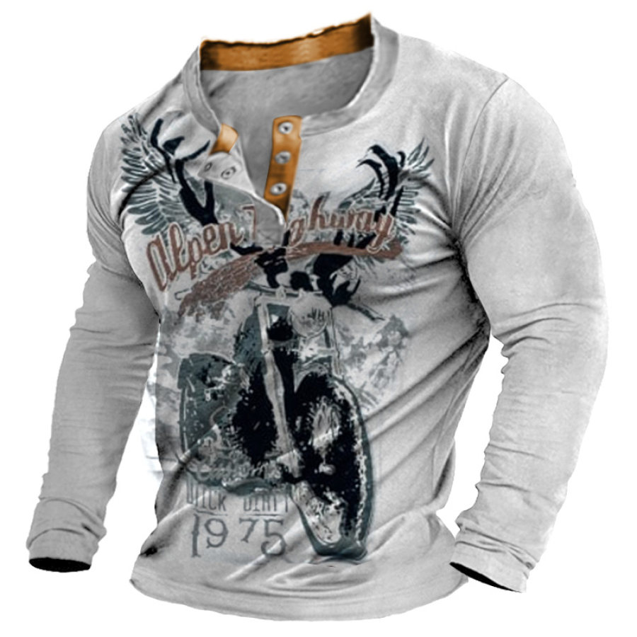 

Camiseta De Manga Larga Estilo Henley Con Bloques De Color Para Festival De Alces De Motocicleta Retro Para Hombre