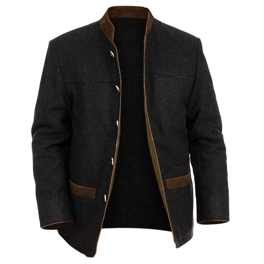 

Мужской винтажный шерстяной пиджак повседневная кожаная куртка с карманами и цветными блоками