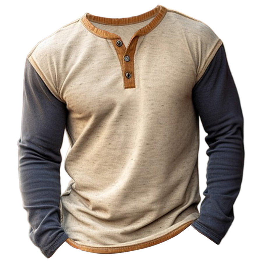 

Camiseta De Manga Larga Con Cuello Henley Vintage Colorblock Para Hombre