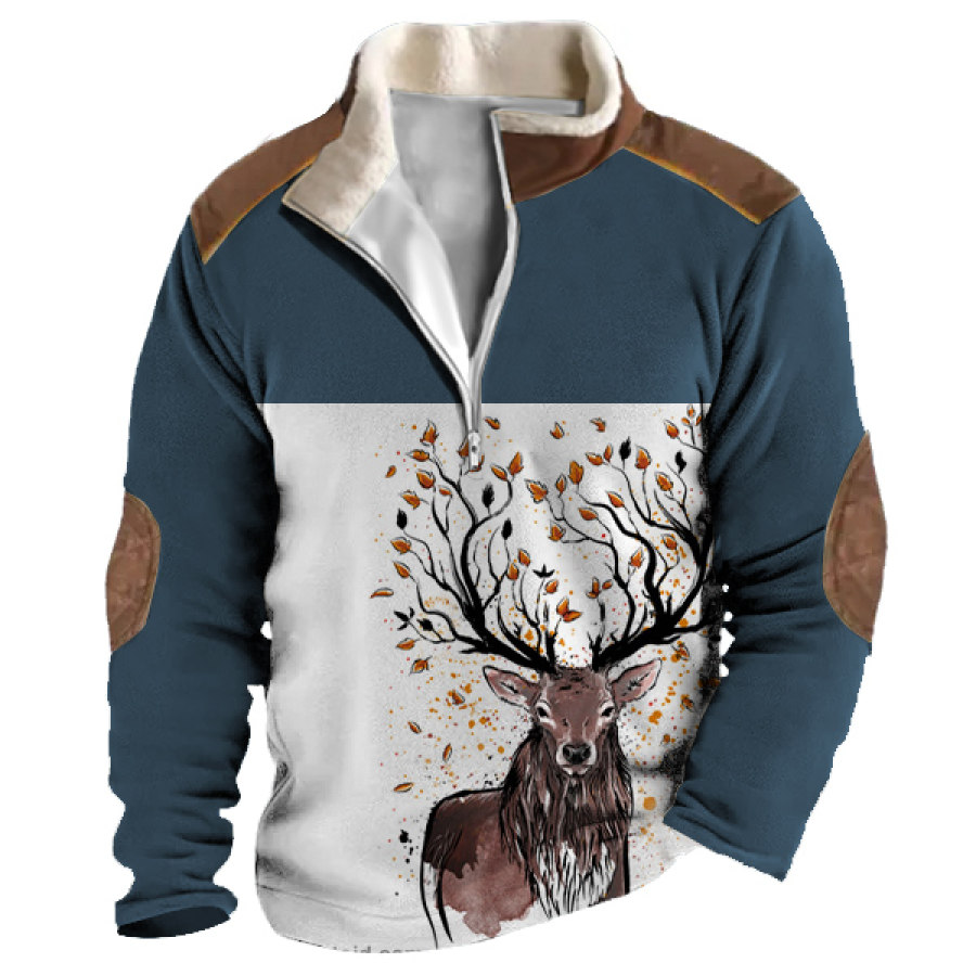 

Sudadera Para Hombre Vintage Elk Cremallera Cuello De Felpa Bloque De Color Tops Diarios