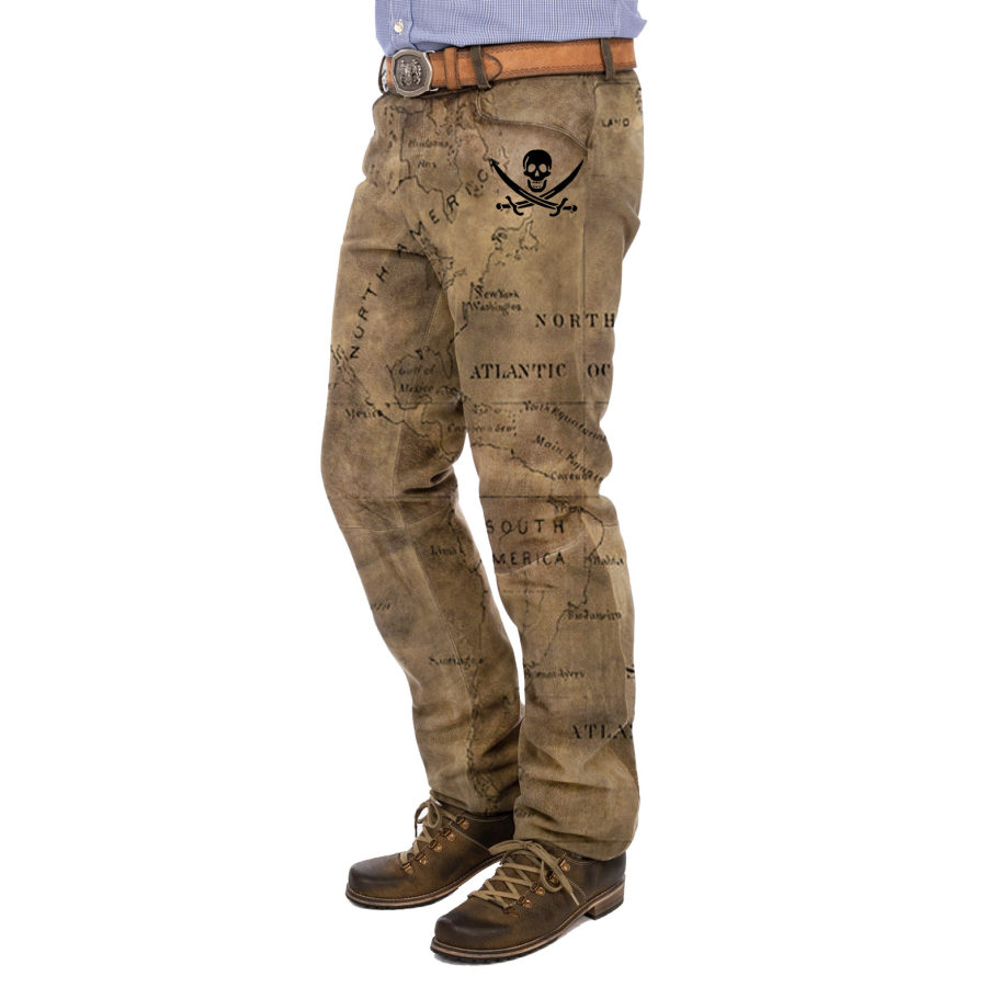 

Men's Vintage Nautical Map Pirate Skull Print Cargo Pants