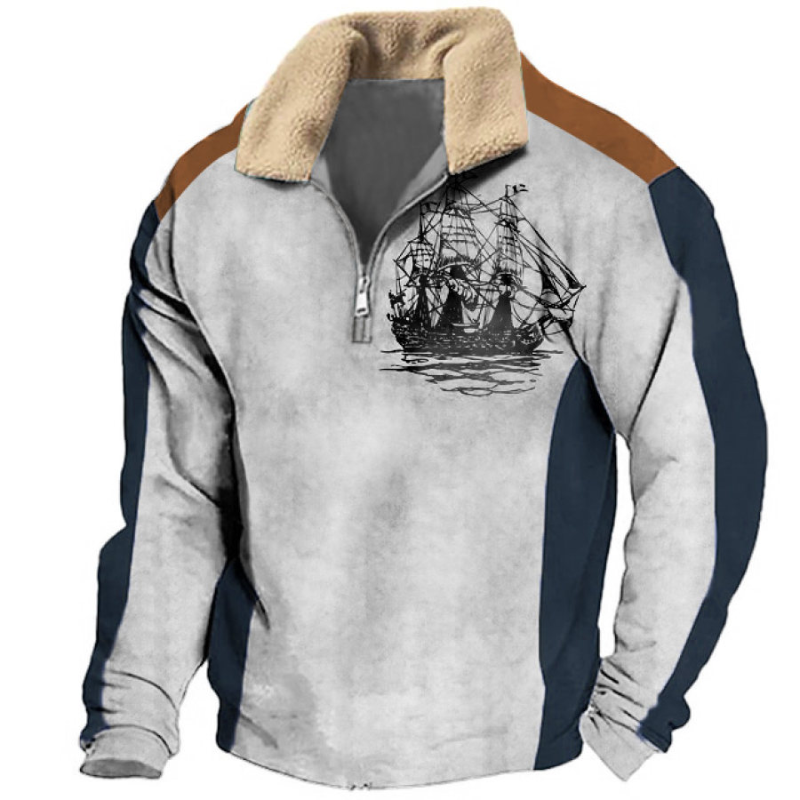 

Sudadera Para Hombre Vintage Barco Pirata Cuello De Felpa Cremallera De Un Cuarto Tops Diarios