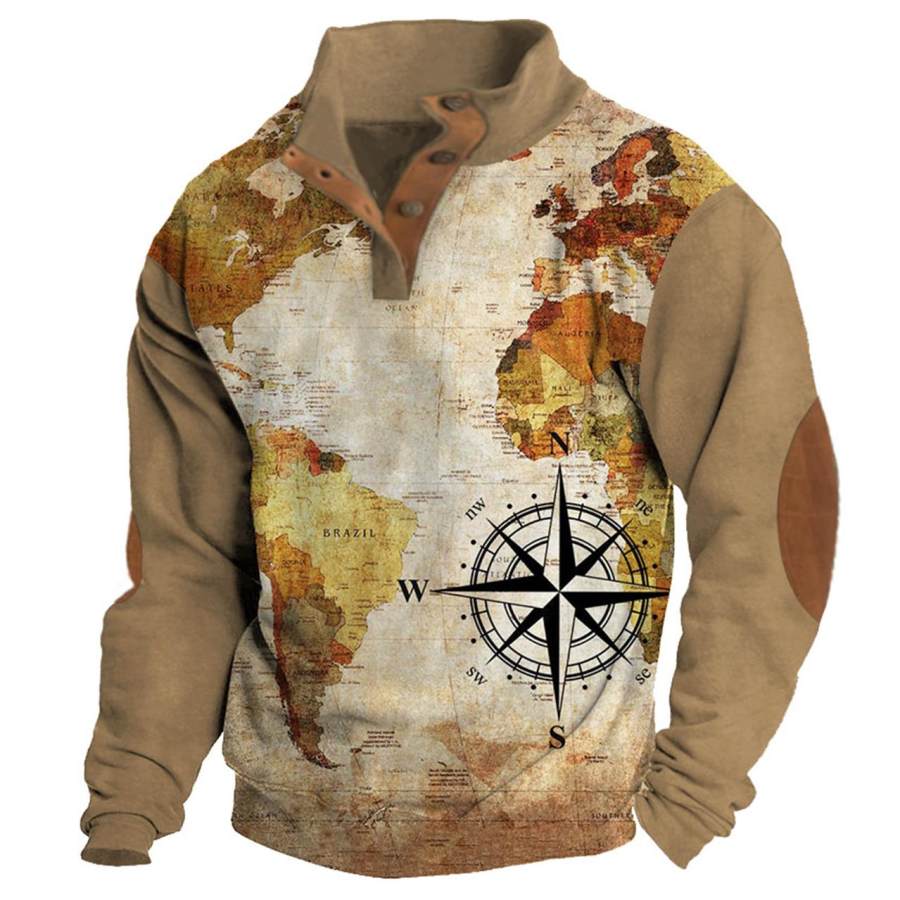 

Sudadera Para Hombre Vintage Mapa Náutico Brújula Cuello Alto Botones Bloque De Color Tops Diarios