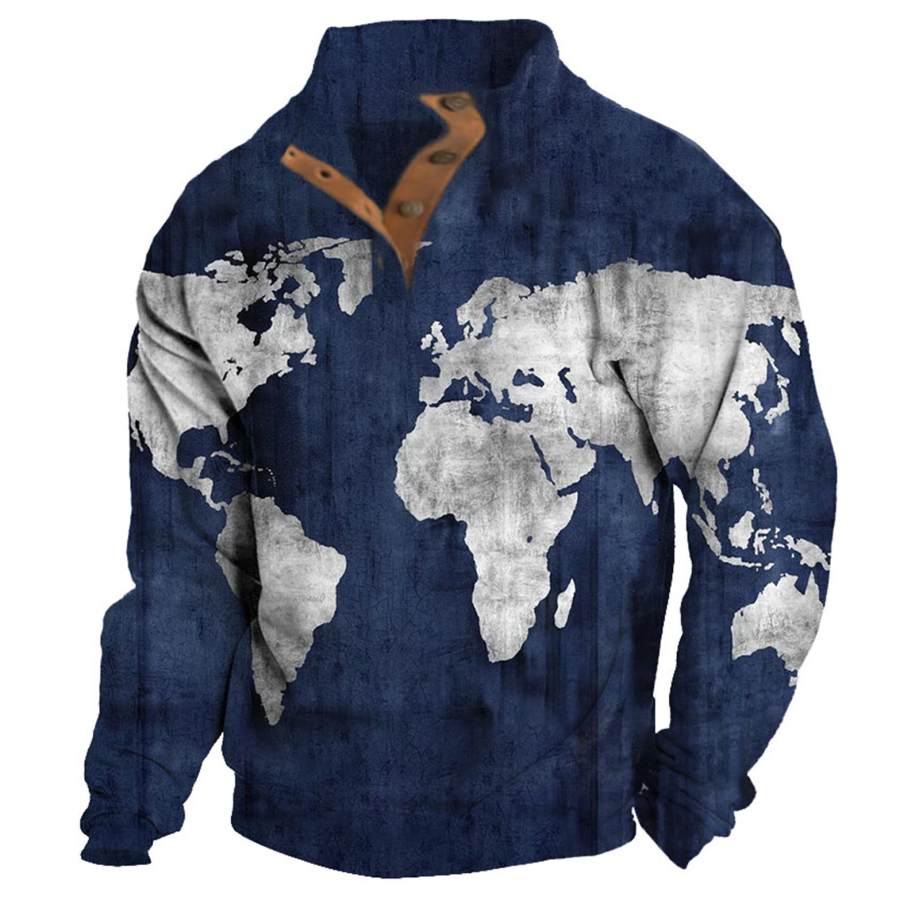 

Sudadera Para Hombre Vintage Mapa Del Mundo Cuello Alto Botones Bloque De Color Tops Diarios