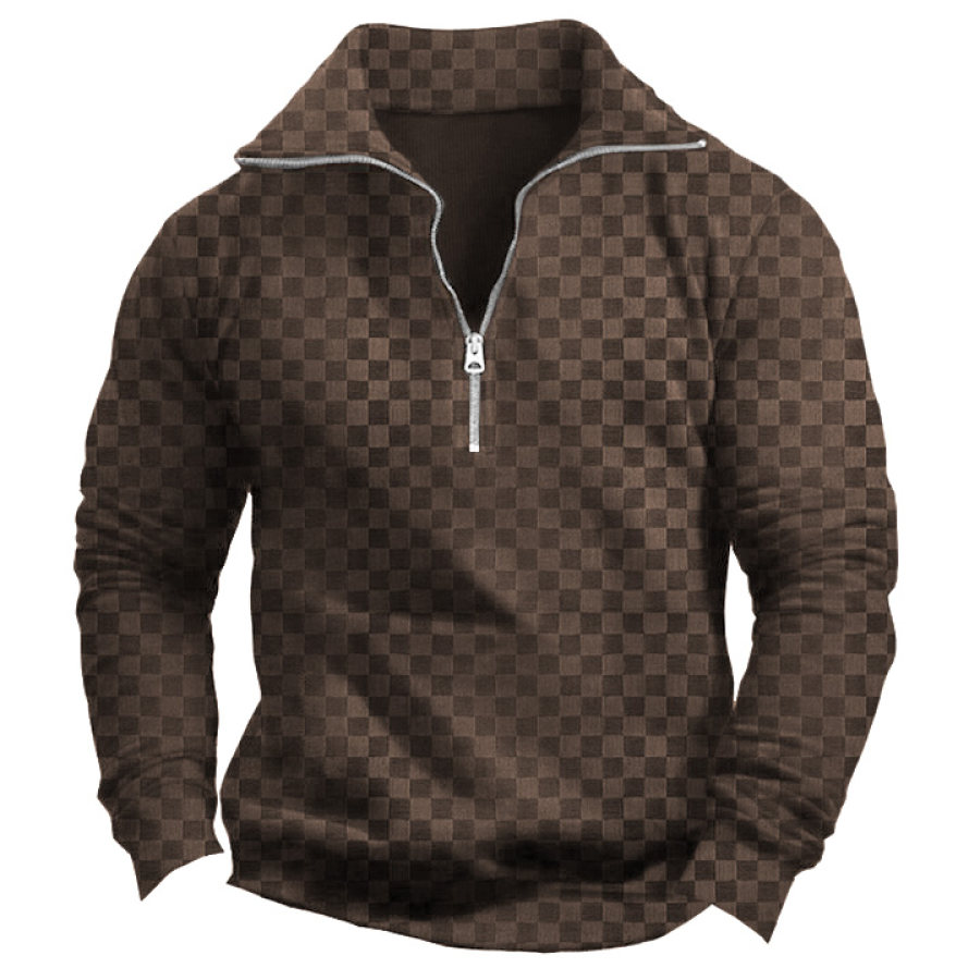 

Men's Sweatshirt Vintage Small Checkerboard Half-Zip Stand Collar Long Sleeve Daily Tops