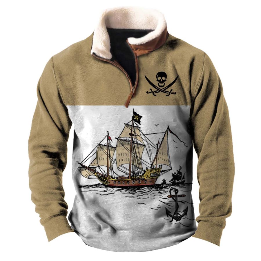 

Sudadera Para Hombre Vintage Barco Pirata Cuello De Calavera Cremallera De Un Cuarto Tops Diarios