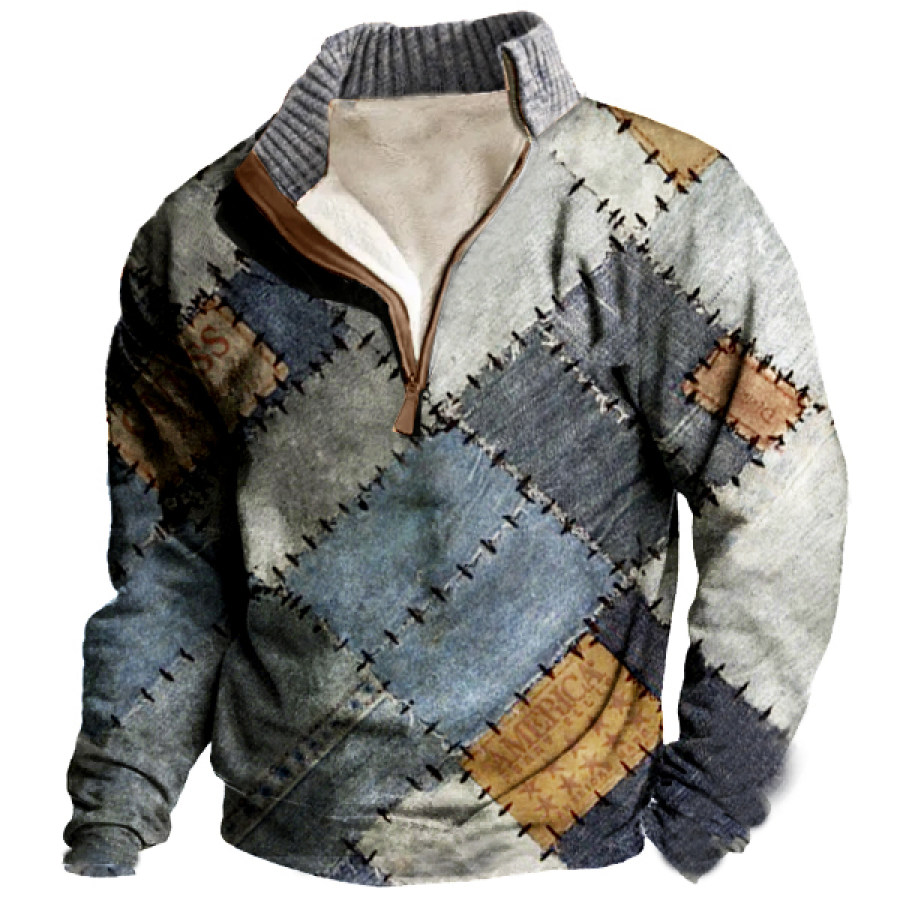 

Sudadera De Forro Polar Con Cremallera De 1/4 Para Hombre Con Estampado 3D De Patchwork Y Cuello Alto Engrosado