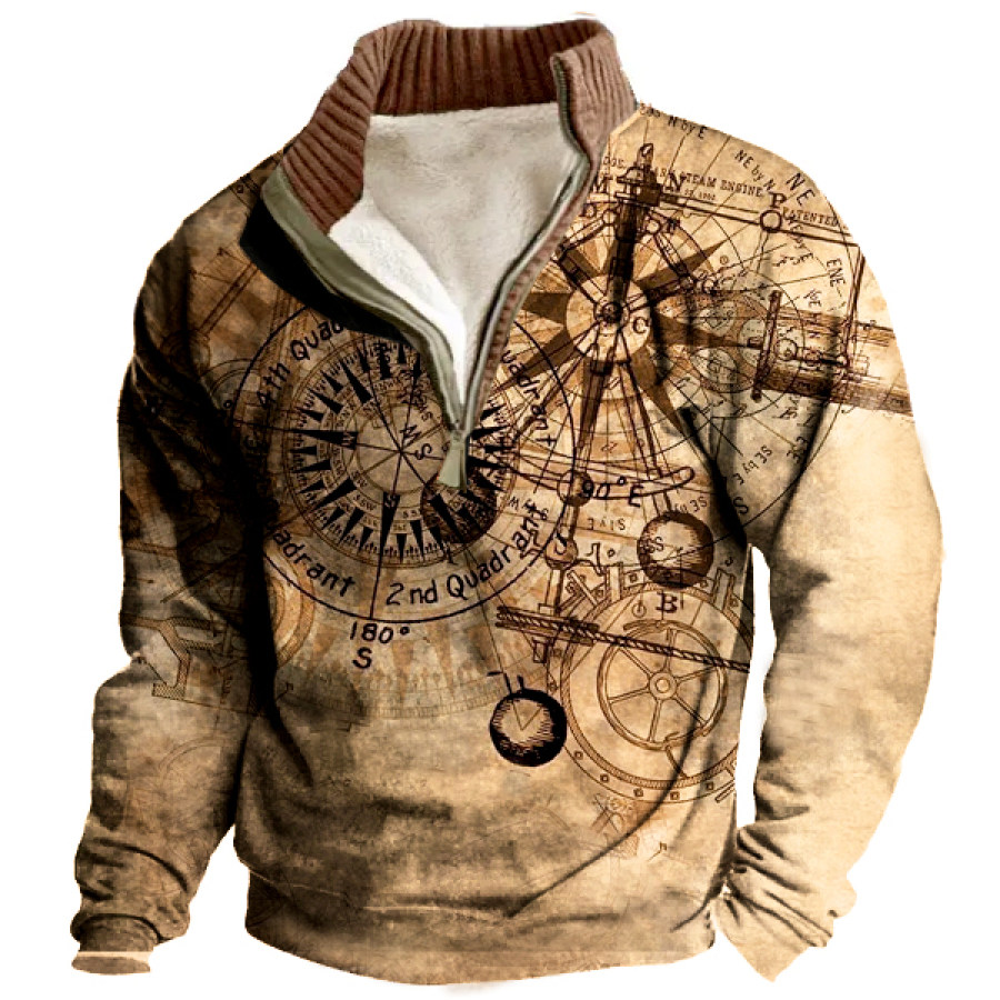 

Sudadera De Forro Polar Con Cremallera De 1/4 Para Hombre Estampado Náutico Vintage Cuello Alto Grueso