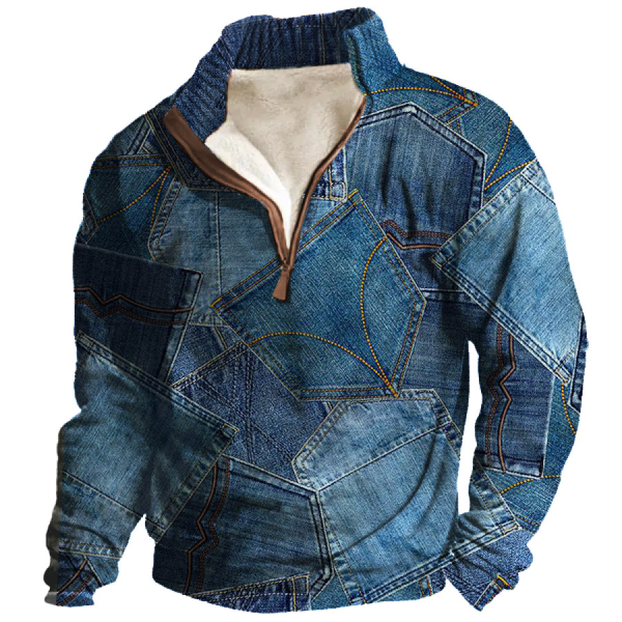 

Sudadera De Forro Polar Con Cremallera De 1/4 Para Hombre Con Estampado 3D De Patchwork Y Cuello Alto Engrosado