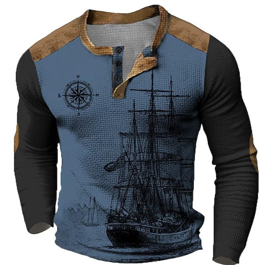 

Men's Henley Shirt Vintage Waffle Nautical Compass T Shirt Sports Outdoor Long Sleeve Clothing