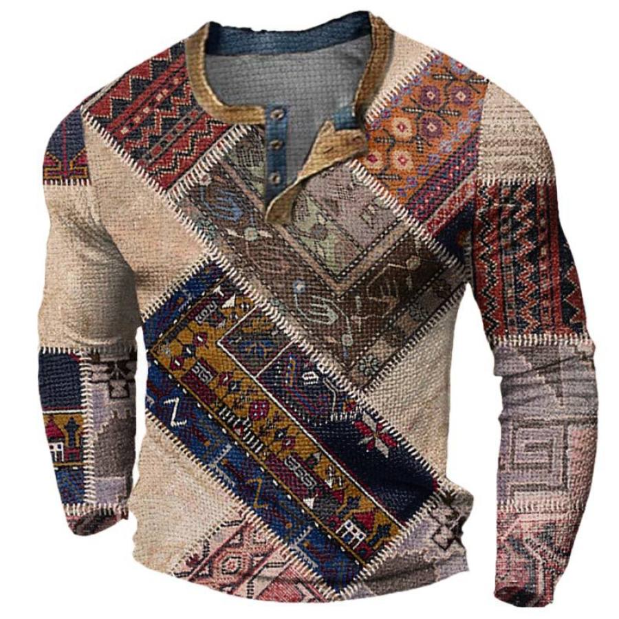 

Camiseta De Manga Larga Para Hombre Estilo Retro Informal Con Estampado De Retazos Estilo Henley Waffle Para Deportes Al Aire Libre